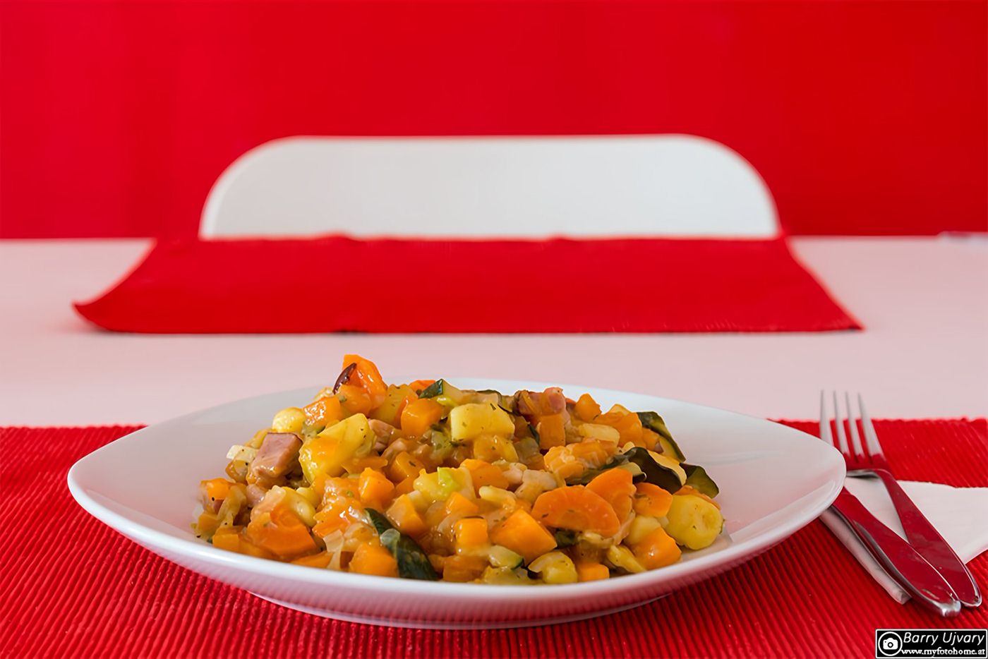 Kürbis-Zucchinieintopf mit Speck